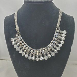 Ali khan clear glass silver bead bib necklace with chain suede back & gift box